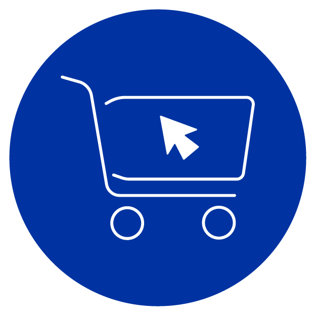 White Online Shopping Cart Icon with blue circle background