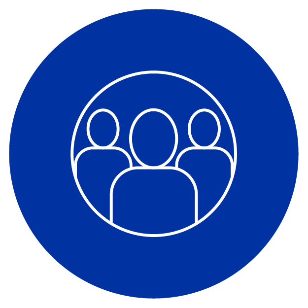 3 white outlined people figures in white circle on a blue circle background